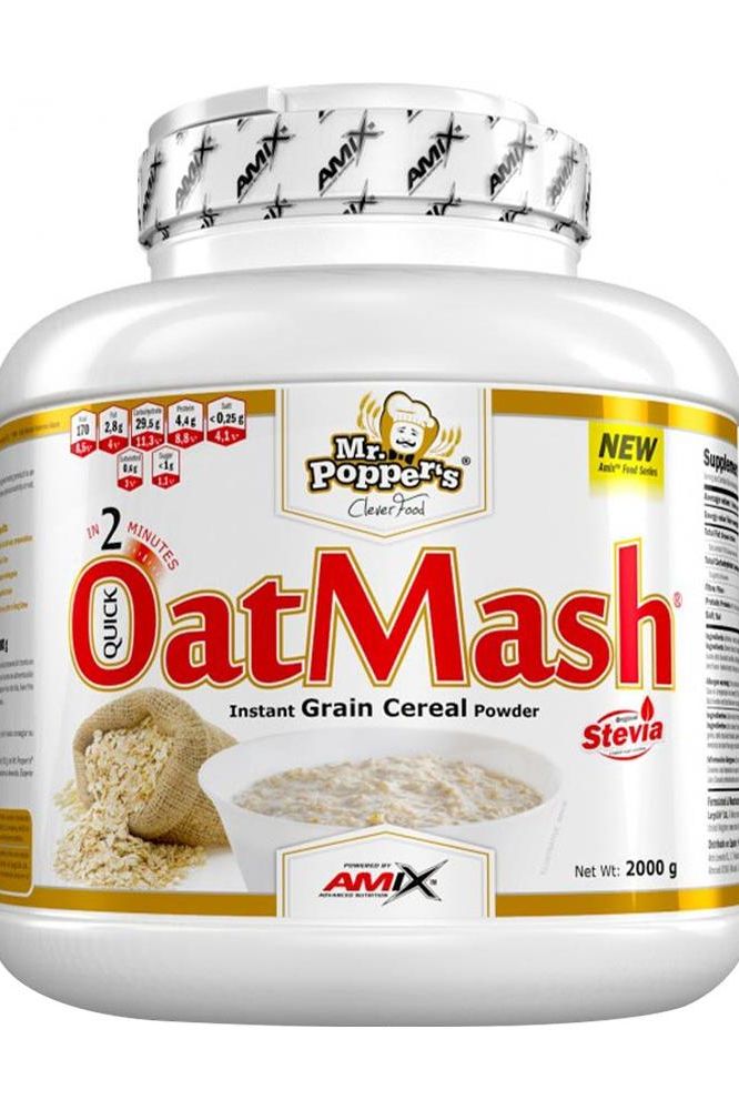 Amix Mr. Popper's OatMash instant grain cereal powder in a white container, quick to prepare and rich in fiber.