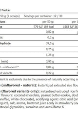 Nutritional information for Amix Mr. Popper's RiceMash, detailing calories and ingredients per serving.