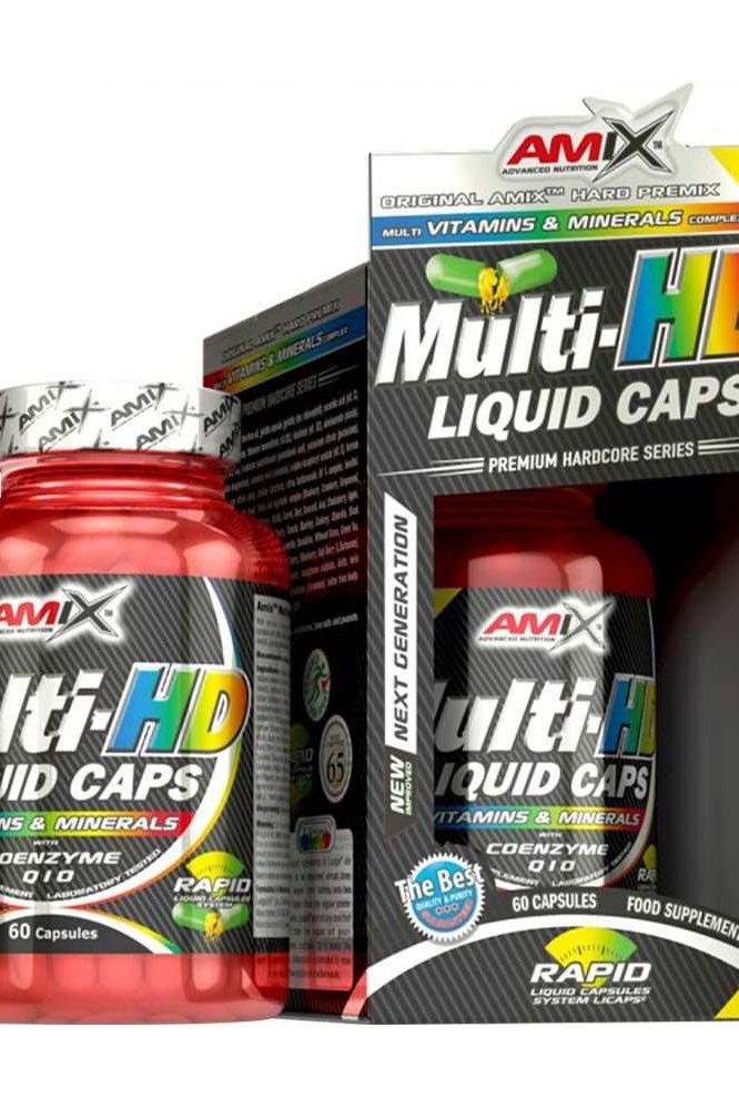 Amix Multi-HD Liquid Caps bottle showcasing 60 capsules, enriched with vitamins and minerals, coenzyme Q10, and ginseng.