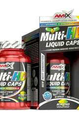 Amix Multi-HD Liquid Caps bottle showcasing 60 capsules, enriched with vitamins and minerals, coenzyme Q10, and ginseng.
