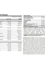 Nutrition facts for Amix Multi-HD Liquid Caps showcasing vitamins, minerals, and complex ingredients in a detailed table.