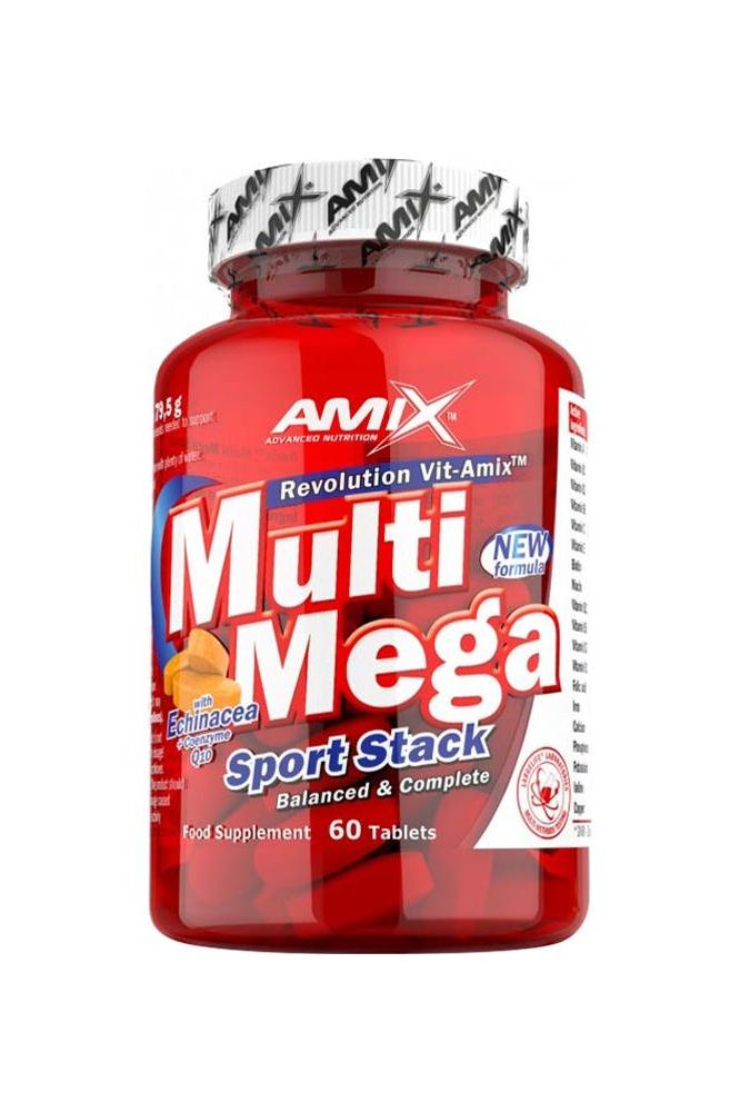 Amix MultiMega Stack dietary supplement bottle with 60 tablets, supports essential body functions and boosts energy.