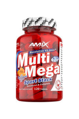 Amix MultiMega Stack dietary supplement bottle showcasing 120 tablets for essential vitamins and minerals.