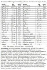 Amix MultiMega Stack recommended dosage and nutritional information table.