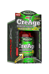Amix MuscleCore CreAge Concentrated supplement box with 120 capsules, showcasing creatine HCl for strength and endurance.