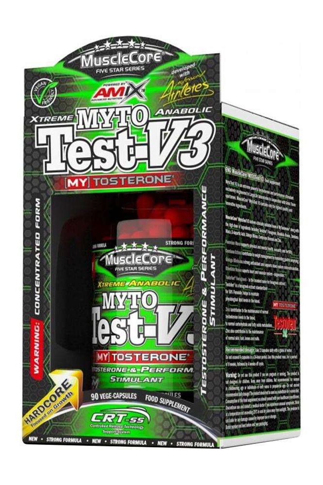 Amix MuscleCore MytoTest V3 supplement packaging, 90 capsules, promotes natural testosterone and muscle growth.