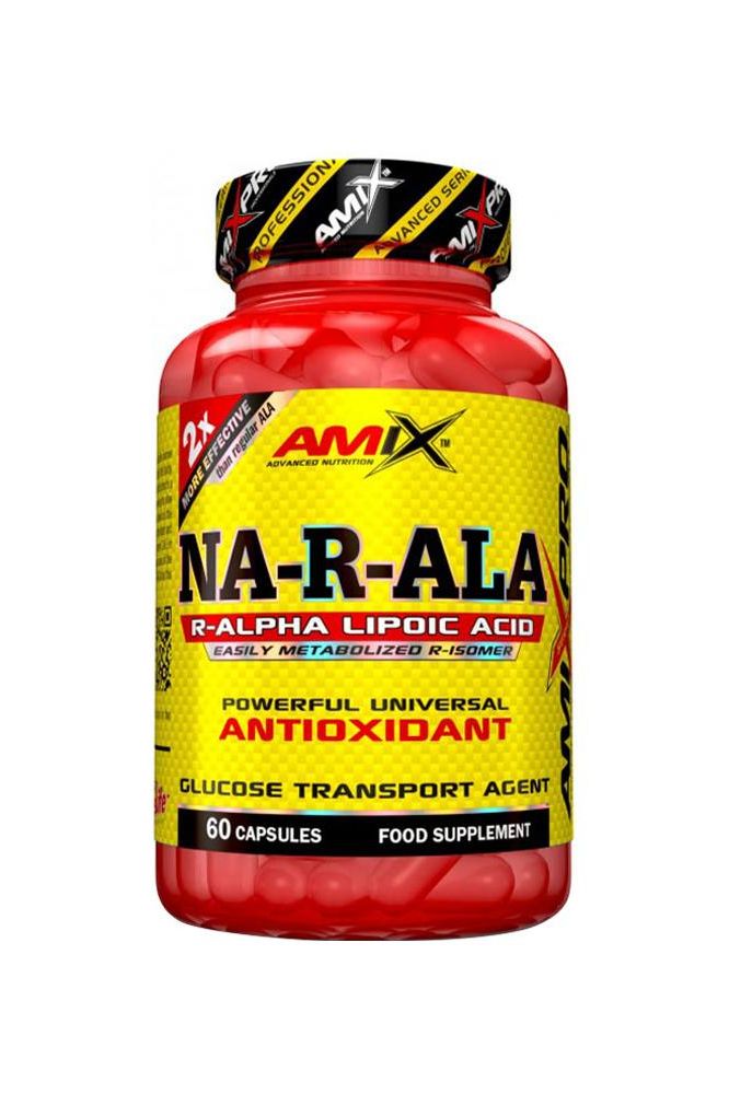 Amix NA-R-ALA R-Alpha Lipoic Acid supplement bottle, 60 capsules, powerful antioxidant and glucose transport agent.