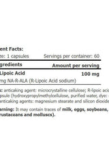 NA-R-ALA supplement facts label showing ingredients and nutritional information for R-Alpha Lipoic Acid.