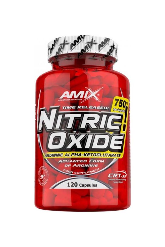 Amix Nitric Oxide supplement bottle, containing arginine alpha-ketoglutarate, 120 capsules for enhanced workout performance.