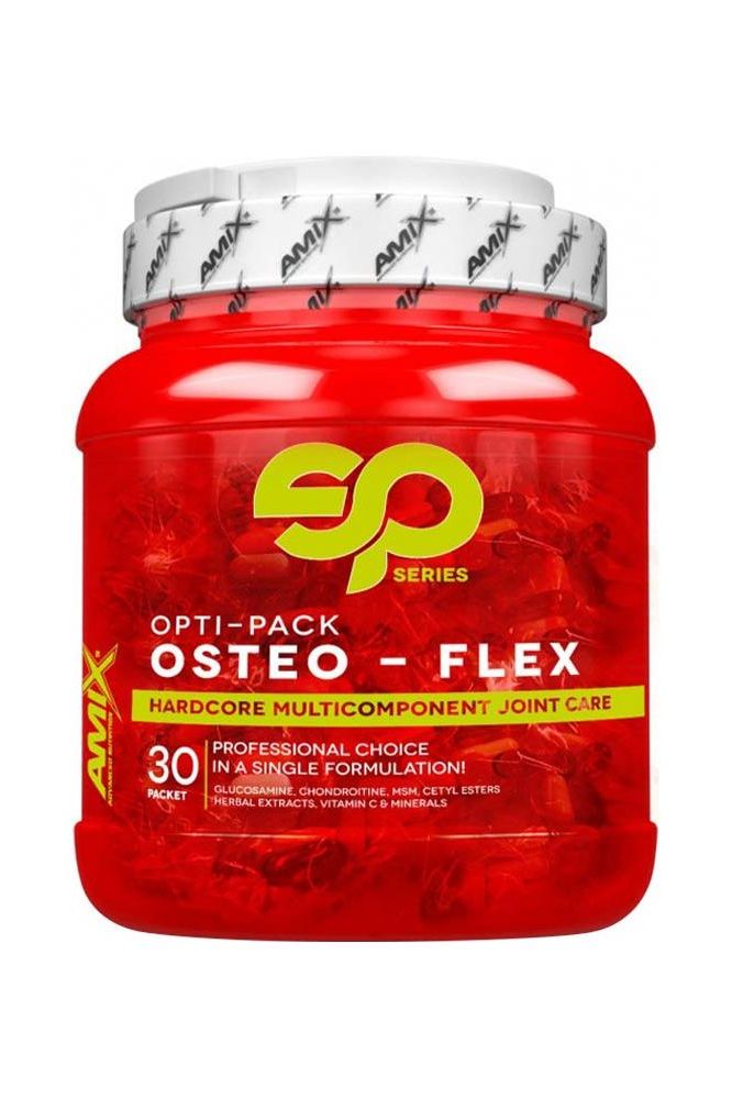 Amix Opti-Pack Osteo-Flex supplement jar for joint health with 30 packs, featuring glucosamine, MSM, and vitamins.