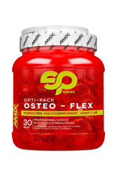 Amix Opti-Pack Osteo-Flex supplement jar for joint health with 30 packs, featuring glucosamine, MSM, and vitamins.