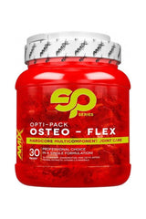 Amix Opti-Pack Osteo-Flex supplement jar for joint health with 30 packs, featuring glucosamine, MSM, and vitamins.