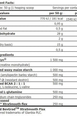Nutritional information for Amix - OptiMass™ Beef Gainer showing protein, carbs, and ingredients.