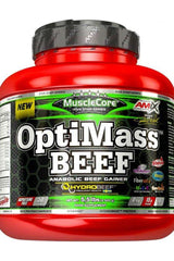 Amix OptiMass Beef Gainer, protein-rich supplement for muscle growth, lactose-free, low sugar, with HydroBeef and MCT.
