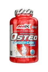 Amix Osteo Gelatin Caps bottle with 400 capsules for joint support and health, featuring collagen and MSM.