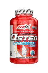 Amix Osteo Gelatin Caps bottle with 400 capsules for joint support and health, featuring collagen and MSM.