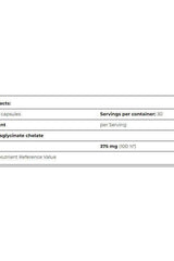 Nutritional facts for Amix Performance Magnesium Chelate: 90 capsules, 375 mg magnesium bisglycinate chelate per serving.