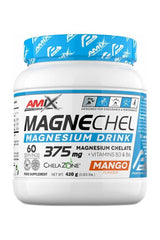 Amix MagneChel Magnesium Chelate Drink in Mango flavor, 420g tub designed for muscle function and energy support.