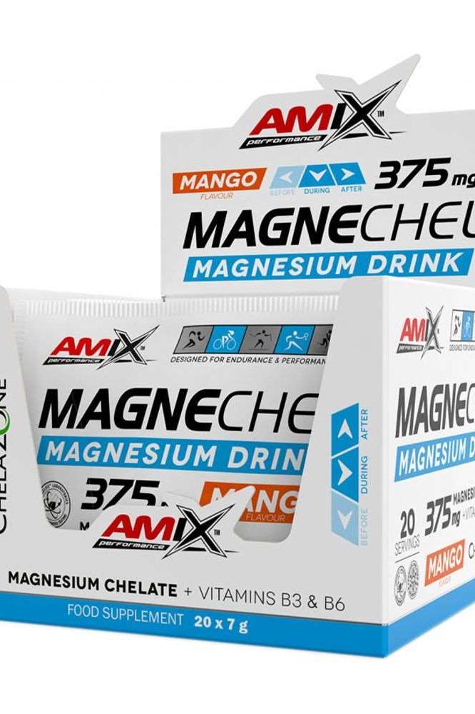 Amix MagneChel Magnesium Chelate Drink in mango flavor, 20 sachets of 7g, designed for energy and performance.
