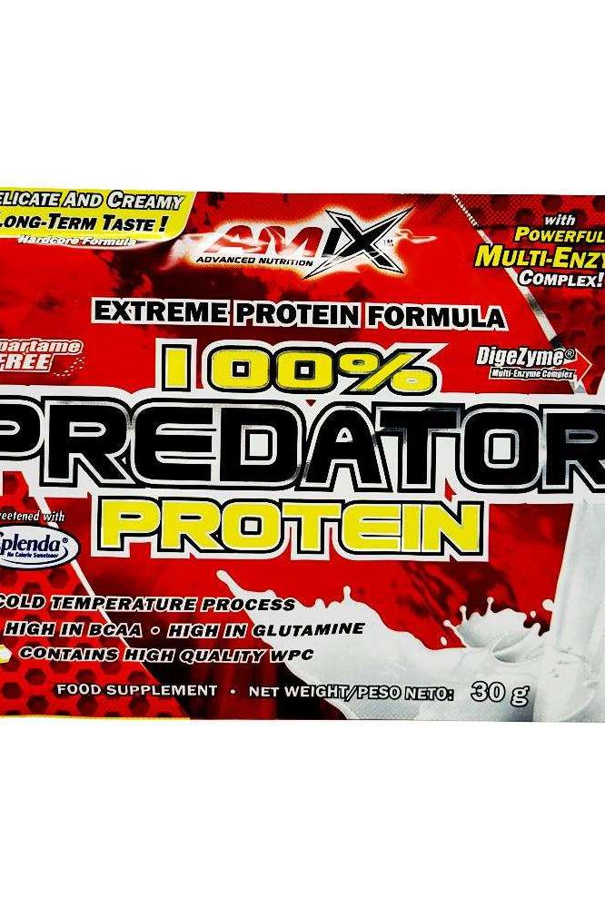 Amix Predator Protein sample 30g package featuring whey protein concentrate and DigeZyme® for muscle growth.