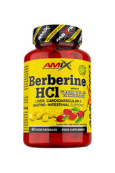 Amix Pro Berberine HCl supplement bottle with green tea and dandelion for liver and cardiovascular health, 60 capsules.