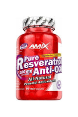 Amix Pure Resveratrol Anti-OX supplement bottle with 60 vegetarian capsules and antioxidant benefits.