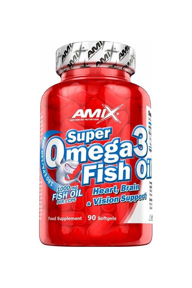 Amix Super Omega3 Fish Oil softgels for heart, brain, and vision support, 90 capsules bottle.