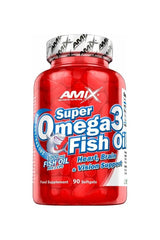 Amix Super Omega3 Fish Oil softgels for heart, brain, and vision support, 90 capsules bottle.