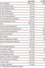 Nutrition facts table for Amix Vit&Mineral Super Pack showing vitamin and mineral contents.