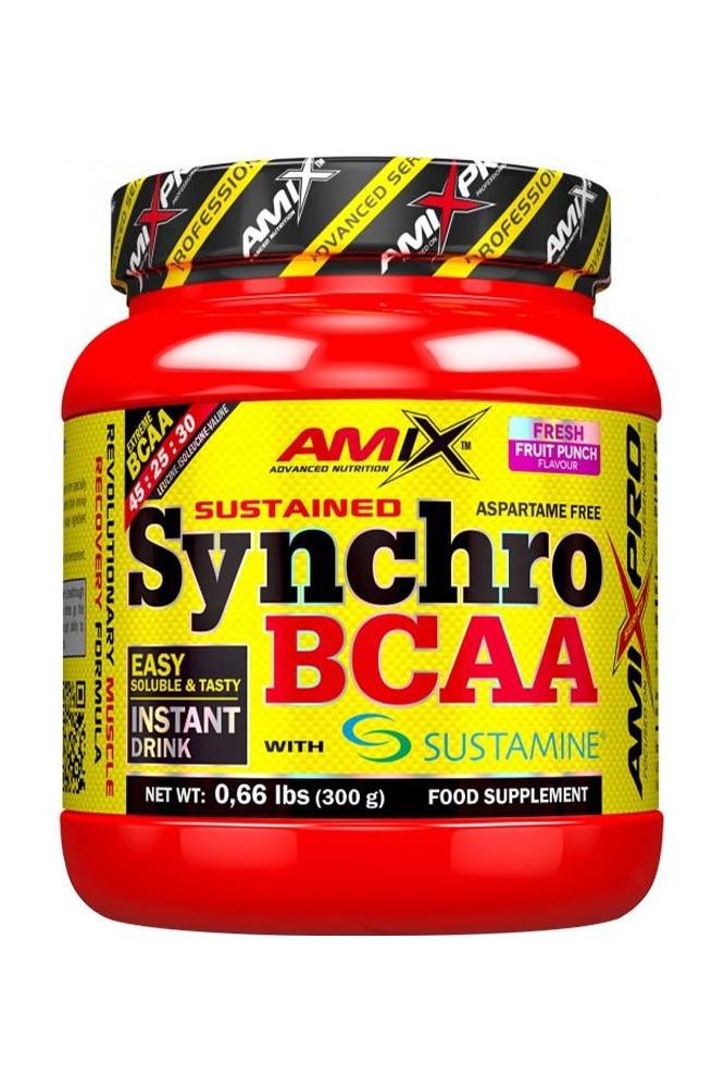 Amix Synchro BCAA with Sustamine 300g tub, flavored instant drink for muscle recovery and growth.