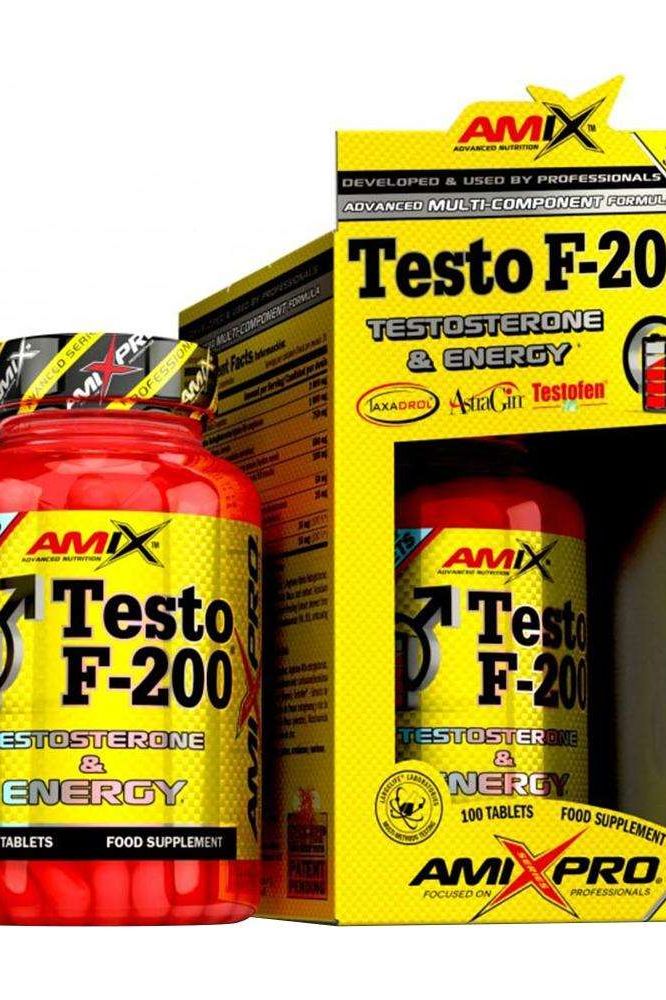 Amix Testo F-200 testosterone booster supplement with energy enhancement benefits, 100 tablets in container.