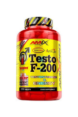Amix Testo F-200 supplement bottle for testosterone boost and energy, featuring 250 tablets.