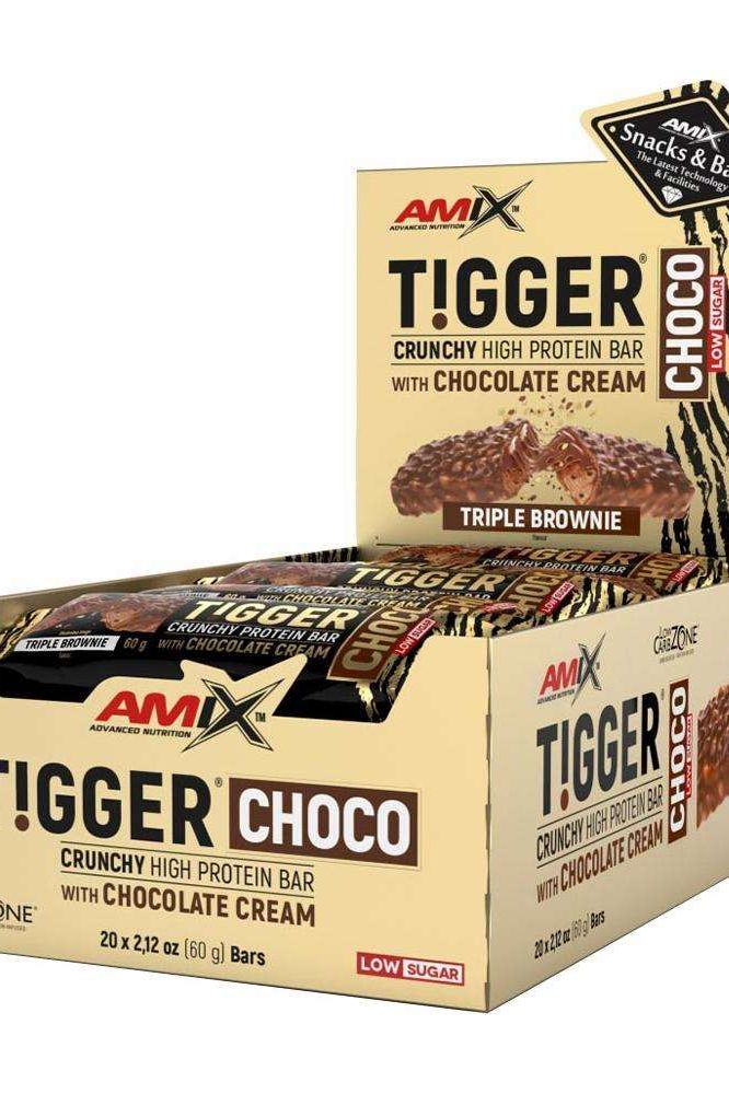 Amix Tigger Choco protein bar box with chocolate cream flavor, featuring low sugar and triple brownie.