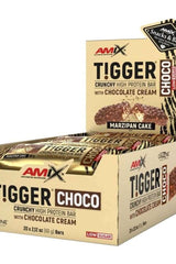 Amix Tigger Choco protein bars box with marzipan cake flavor, high protein, low sugar snack option.