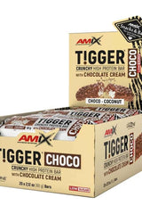 Amix Tigger Choco high protein bars in box, featuring chocolate cream and coconut flavor, low sugar snack option.