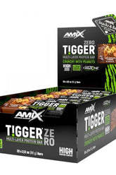 Amix TIGGER Zero multi-layer protein bars box with low carbs and high protein, featuring crunchy peanut flavor.