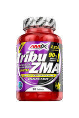 Amix Tribu-ZMA® supplement bottle with 90 tablets, featuring a blend of ZMA and Tribulus terrestris for testosterone support.