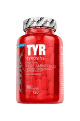 Amix Tyrosine 500 mg supplement bottle with 120 capsules for cognitive support and stress relief.