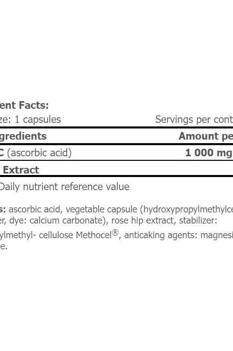 Nutrition facts for Amix Vitamin C 1000 mg with Rose Hips, detailing ingredients and amounts per capsule. Nutrition facts for Amix Vitamin C 1000 mg with Rose Hips, detailing ingredients and amounts per capsule.