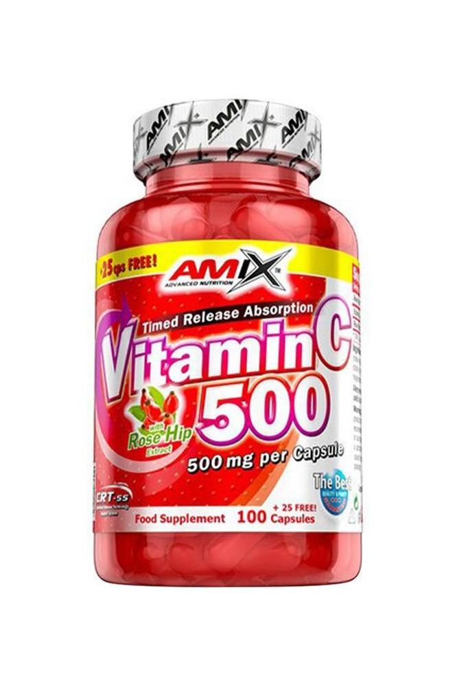 Amix Vitamin C 500 mg with Rose Hip Extract supplement bottle, 125 capsules for immune support.