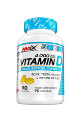 Amix Vitamin D 4,000 I.U. softgels for bone, teeth, muscle, and immune support in a 90 capsule bottle.