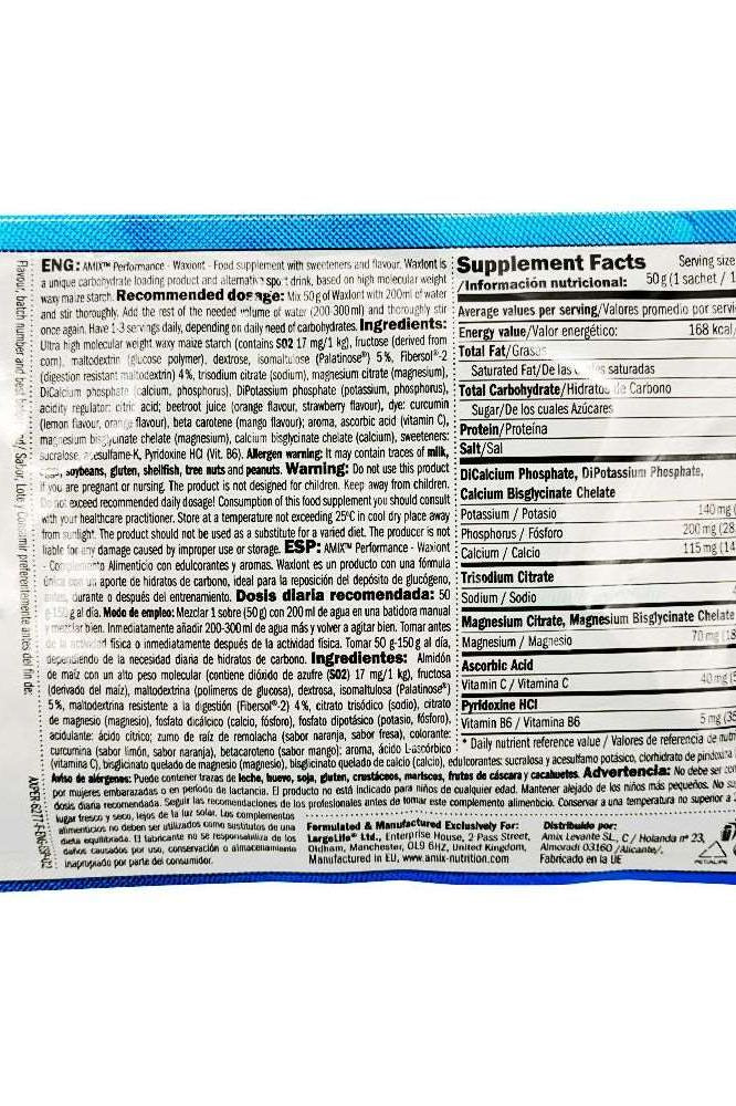 Supplement facts for Amix Waxiont Glycogen Loader sample packaging showing nutritional information. Supplement facts for Amix Waxiont Glycogen Loader sample packaging showing nutritional information.