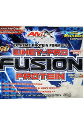 Amix Whey-Pro Fusion Protein Sample pack showcasing creamy protein blend for muscle growth.