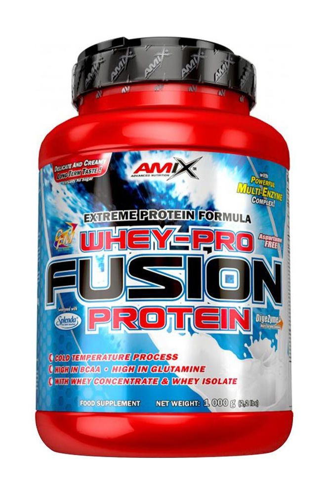Amix Whey-Pro Fusion protein powder tub, rich in whey protein concentrate and isolate for muscle mass increase.