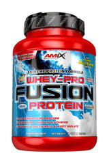 Amix Whey-Pro Fusion protein powder tub, rich in whey protein concentrate and isolate for muscle mass increase.