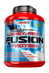 Amix Whey-Pro Fusion protein powder container, promising muscle growth and includes high-quality whey protein.