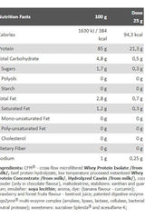 Nutrition facts for Amix WheyPro Elite 85 showing protein content and ingredients in a clear format.