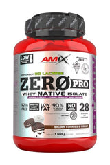 Amix ZeroPro Protein powder in Brown Cookies & Cream flavor, 1 kg container, high protein, low fat, lactose-free.