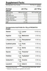 Supplement facts for Amix - ZeroPro Protein showing nutritional values and amino acid profile per serving.