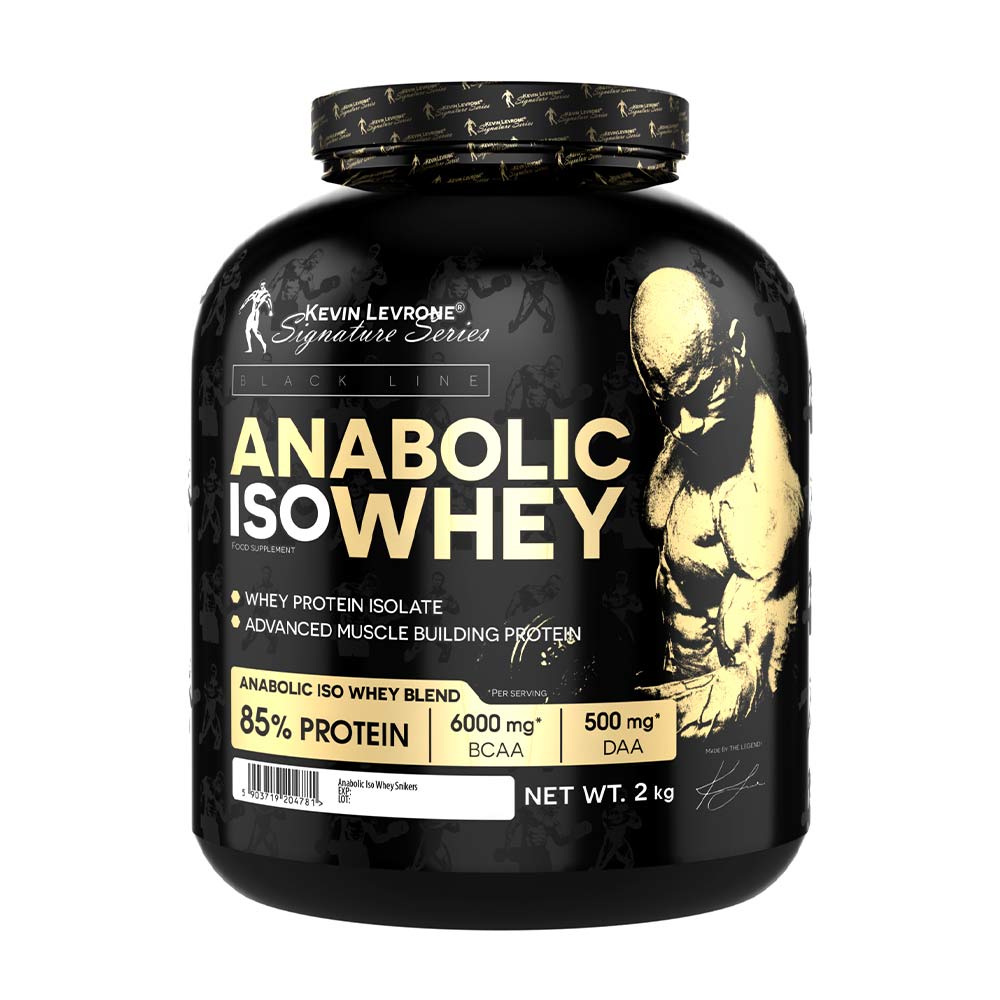 Kevin Levrone Anabolic Iso Whey protein supplement for muscle gain, featuring whey protein isolate and additional BCAA.
